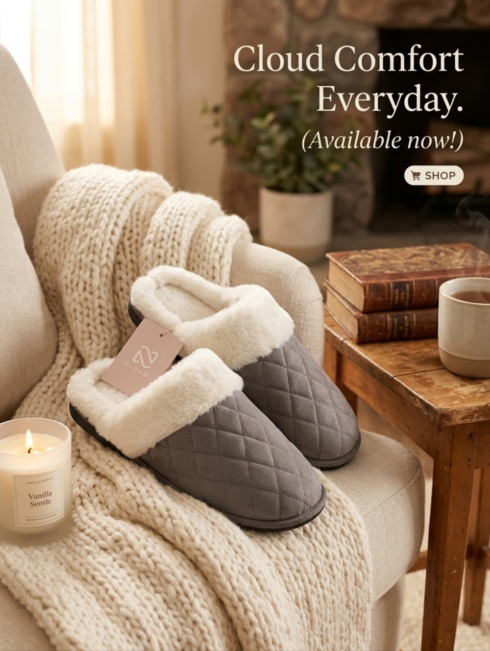 Women's Quilted Slippers Faux Fur Lining Gray Cream House Shoe Cozy 36/37 (5/6)